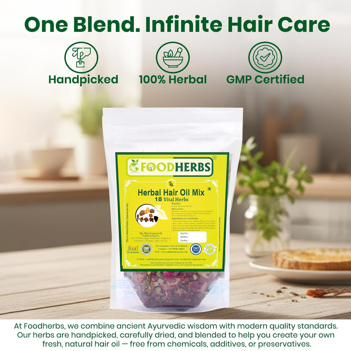 Lifestyle shot of Foodherbs pack on a bathroom shelf to show practical everyday use and routine readiness