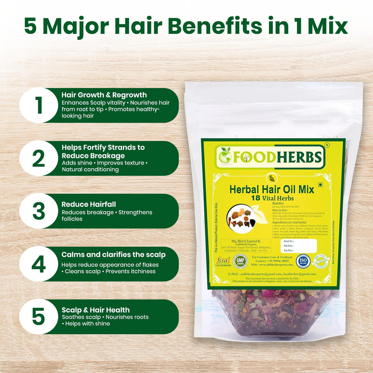 Close-up of the Foodherbs herbal blend texture and botanicals highlighting ingredient quality and purity
