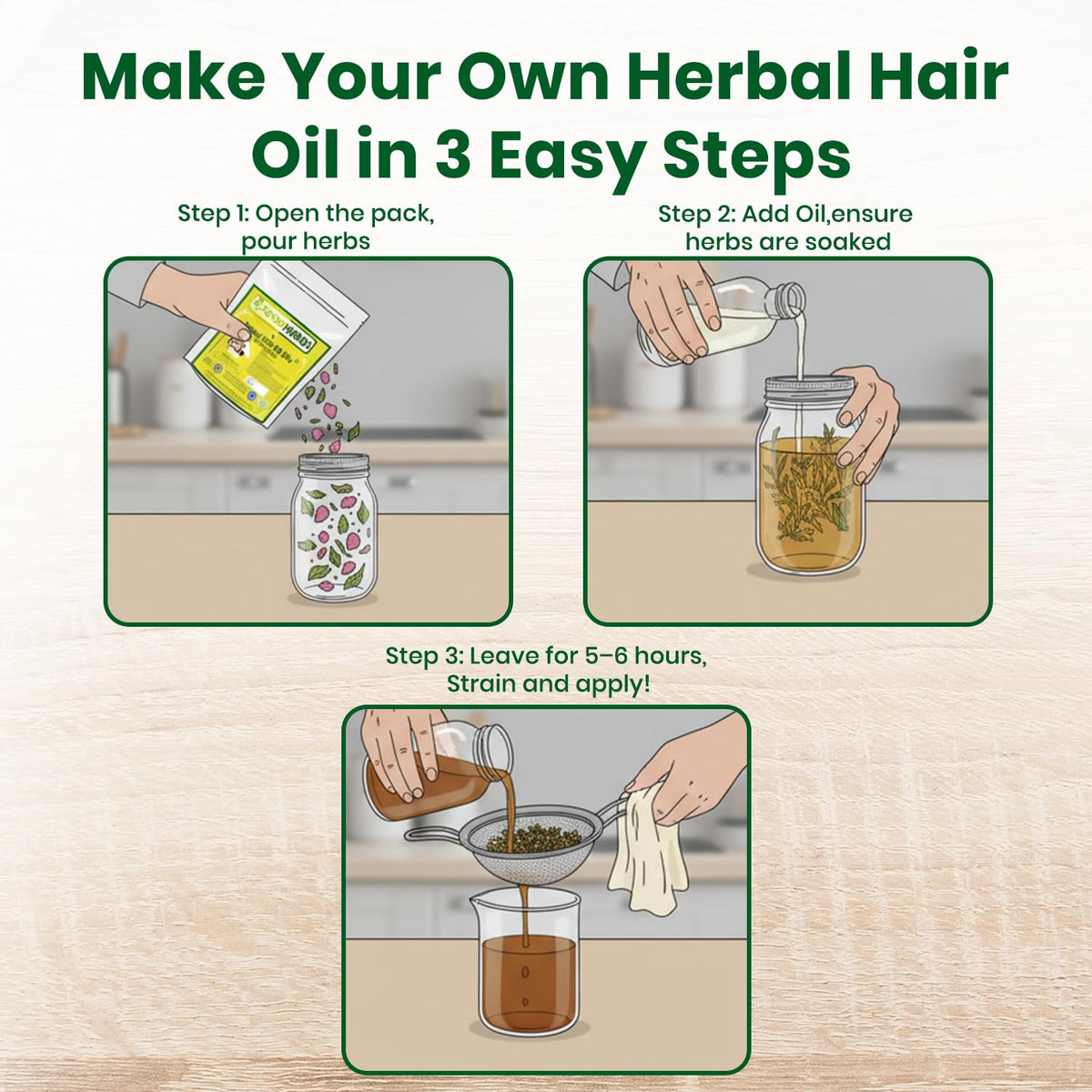 Glass bottle of homemade infused oil made from Foodherbs mix emphasizing nourishing shine and natural aroma