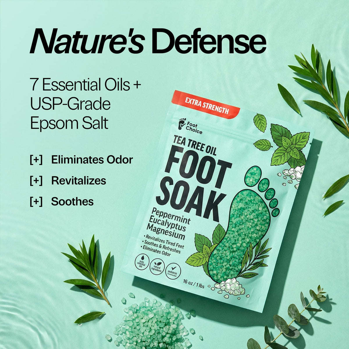 Foot Choice soak dissolving in basin with feet soaking to demonstrate relaxation benefit