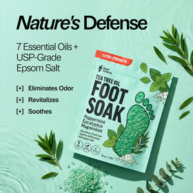Foot Choice soak dissolving in basin with feet soaking to demonstrate relaxation benefit