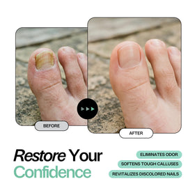 Foot Choice pouring soak into water highlighting salt texture and easy mixing benefit