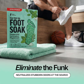 Lifestyle bathroom scene with Foot Choice jar creating a calming at-home pedicure setting