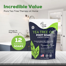 FOOT CURE label detail highlighting tea tree and botanical blend benefits for nails