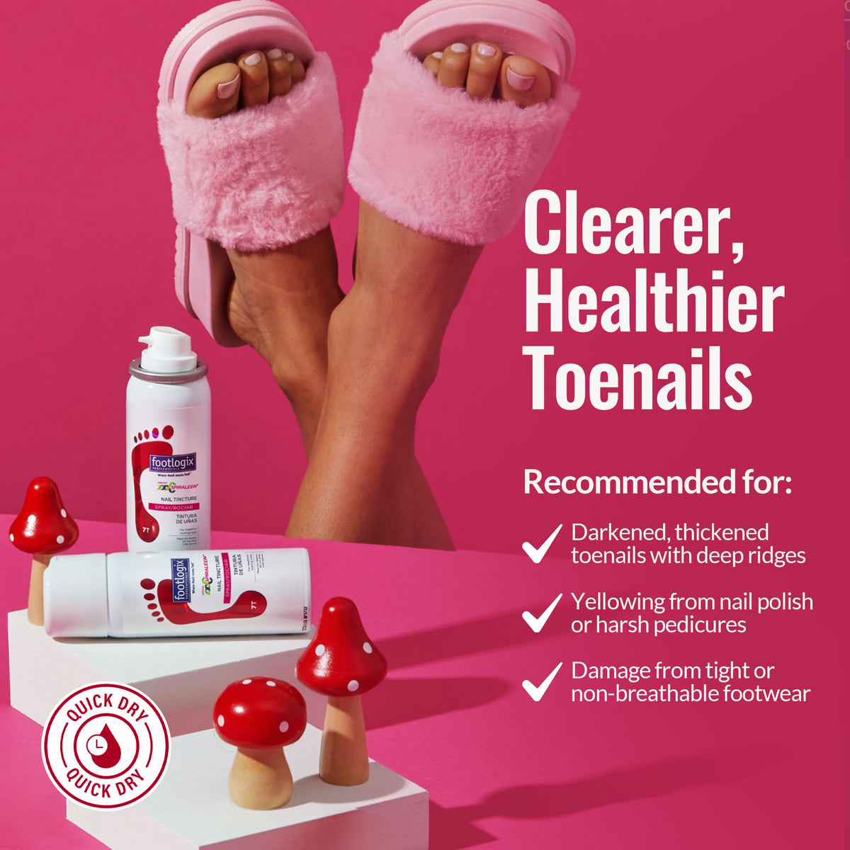 FOOTLOGIX being sprayed onto a toenail illustrating easy, mess-free daily use