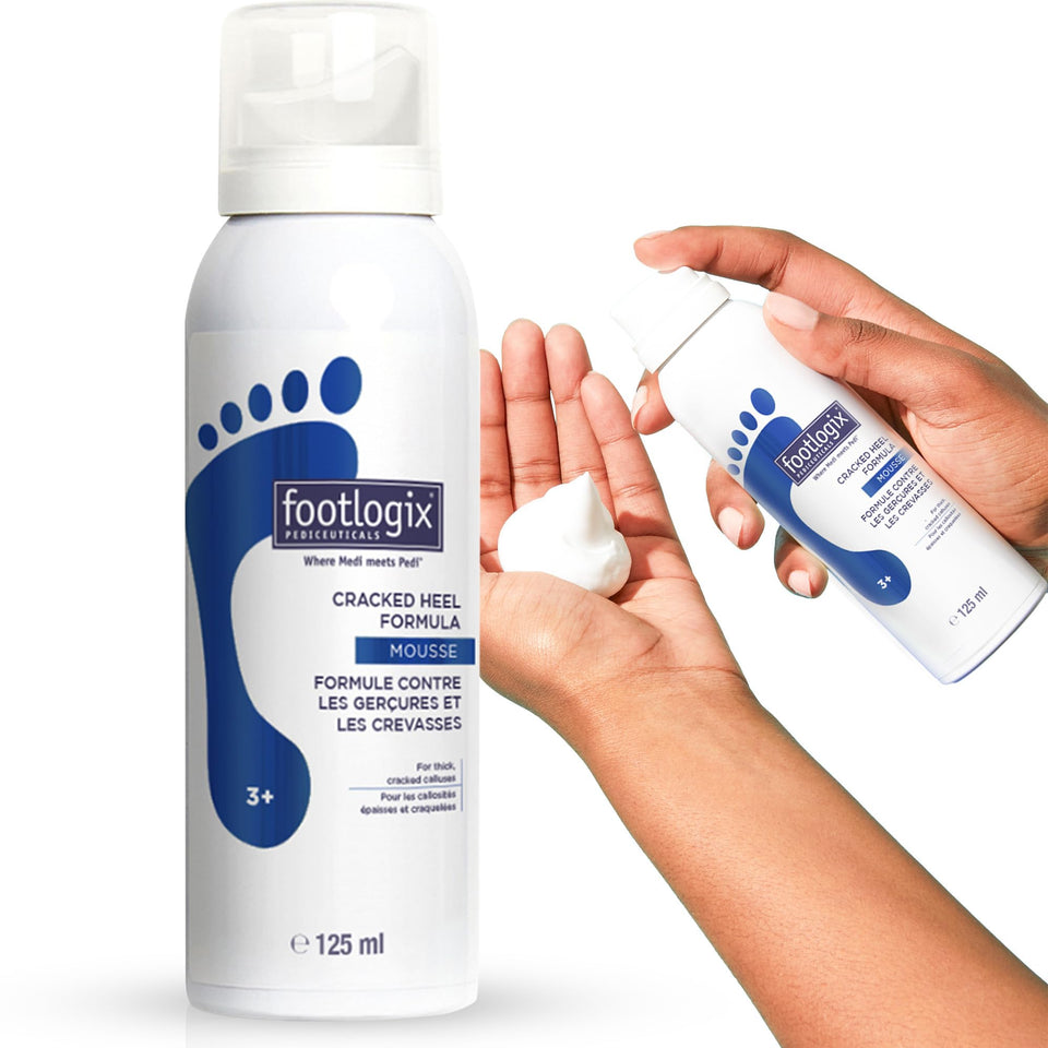 FOOTLOGIX front packaging showing cracked heel mousse and benefits