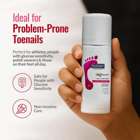 FOOTLOGIX lifestyle shot with feet and bottle showing integrated daily foot care routine