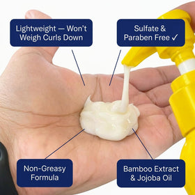 FOR CURLS jojoba and bamboo ingredient display emphasizing hydration and smoothing benefits