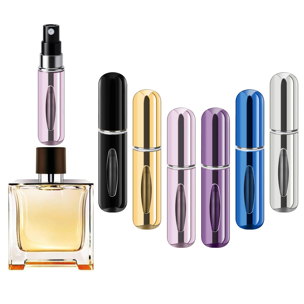 forebile front view showing four colored atomizers and portability benefit