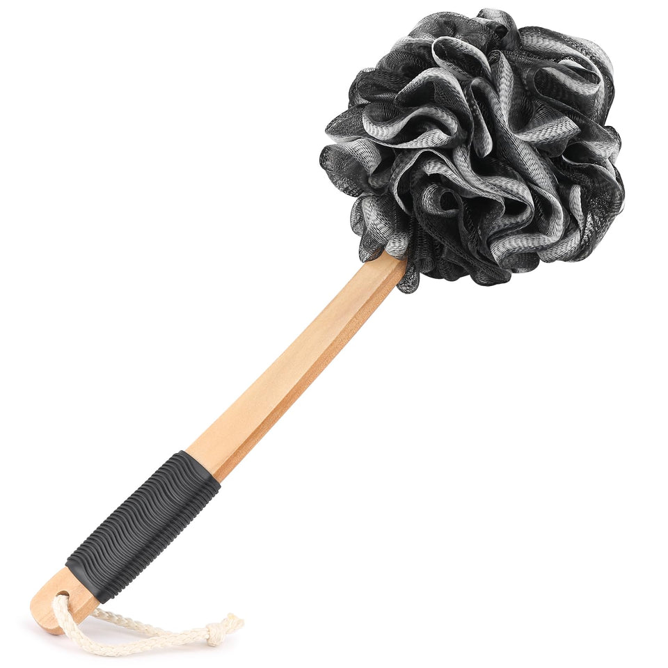 forenee front view showing entire loofah on a stick for convenient reach