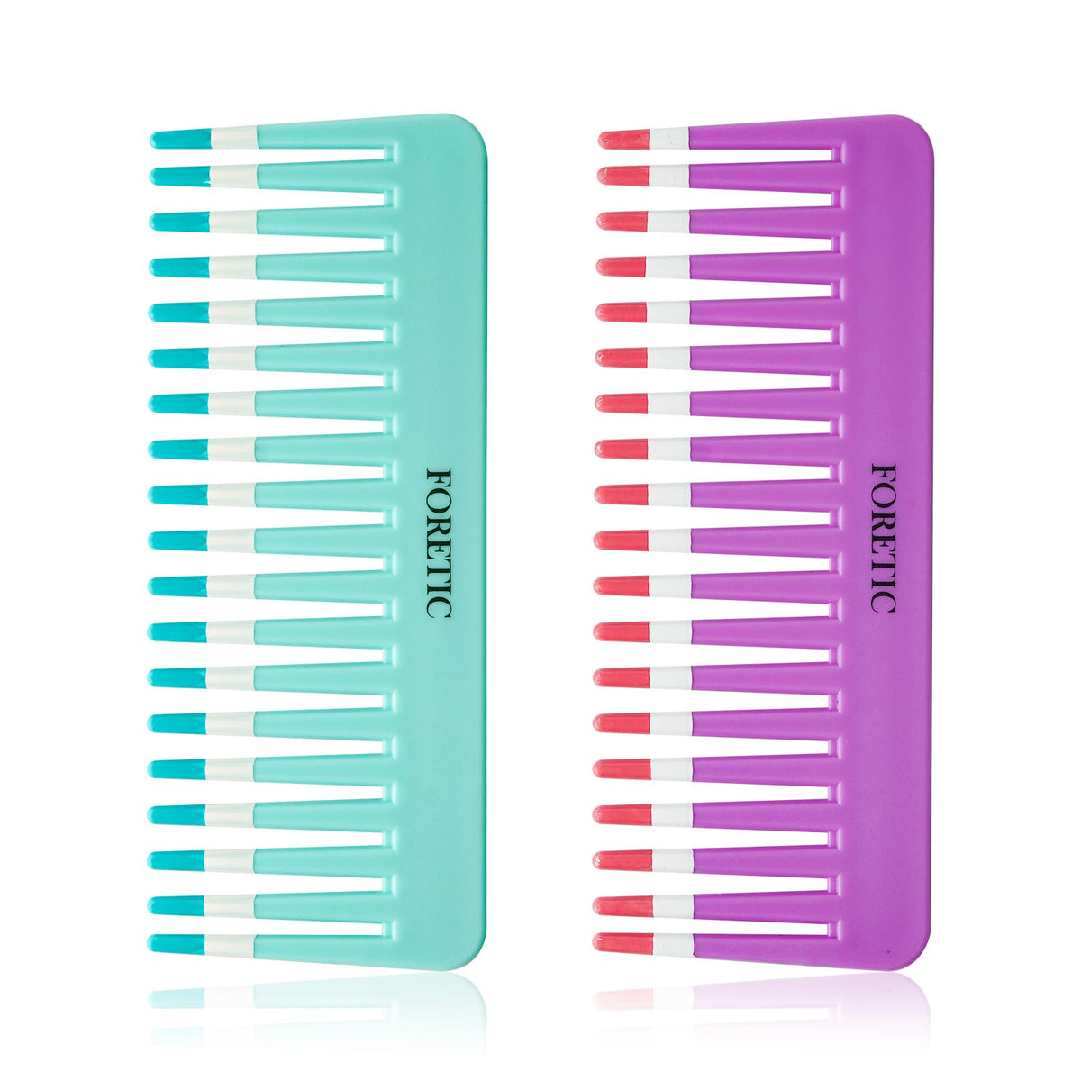 Foretic front view purple and blue combs showing compact travel-ready design and convenience