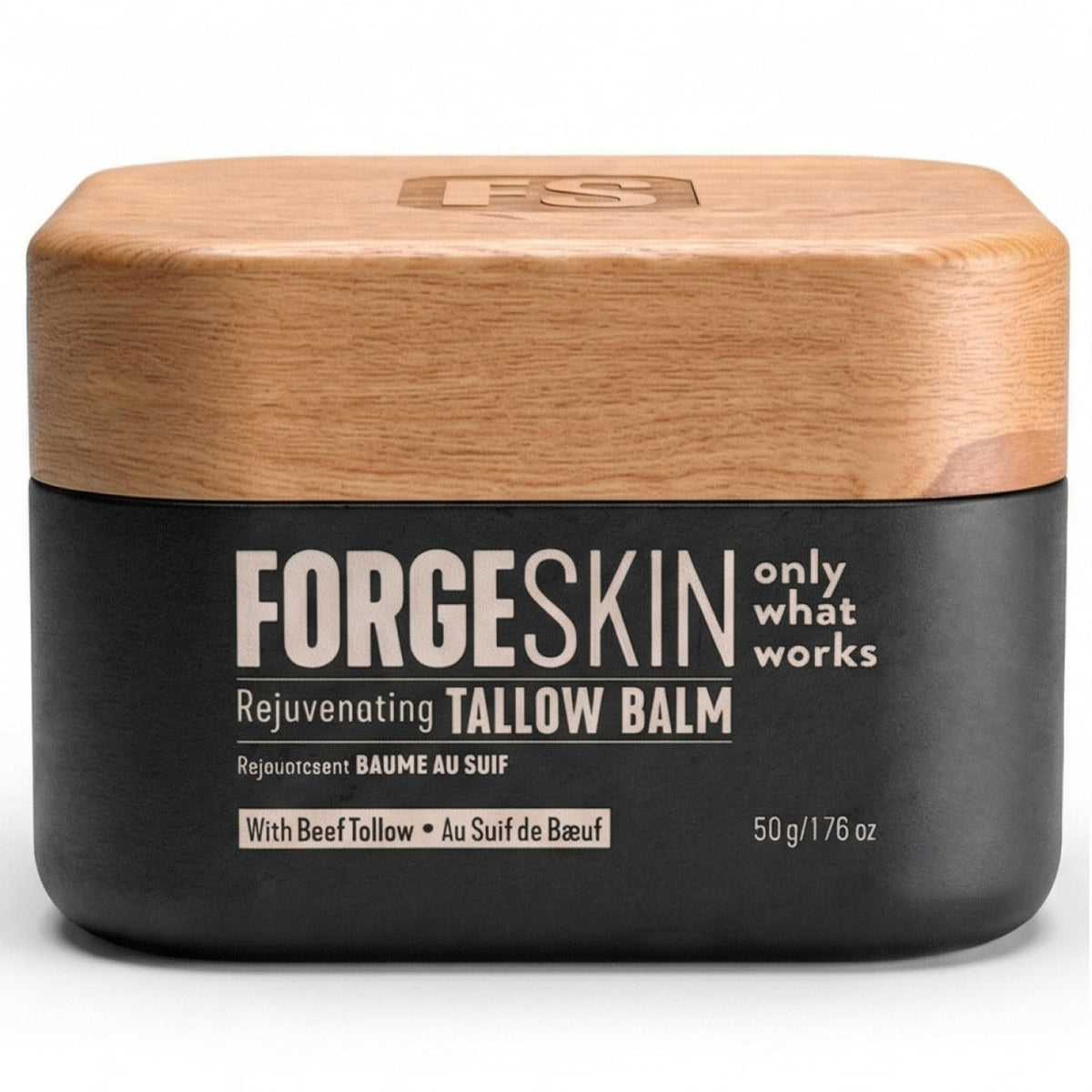 Forge Skin jar front view showing clean branding and compact size for travel