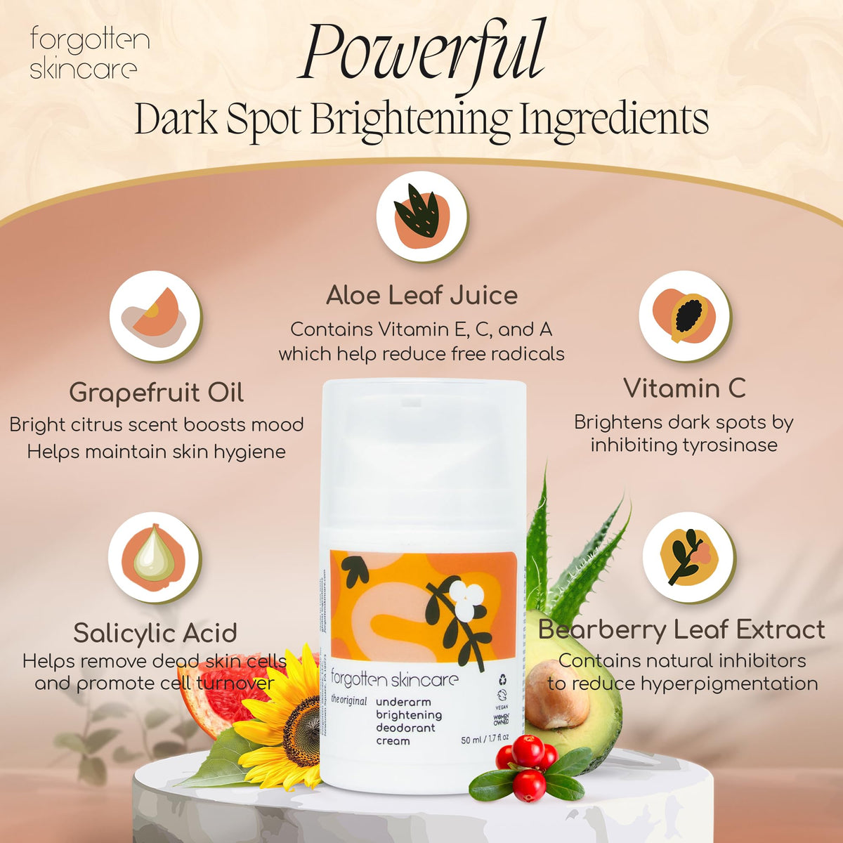 Forgotten Skincare vitamin C bottle beside cream highlighting brightening benefit