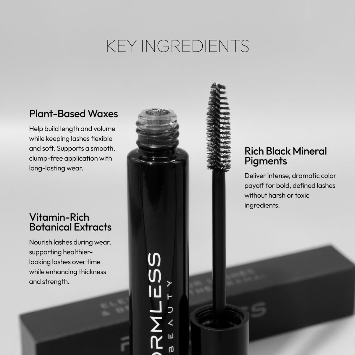 Formless Beauty mascara applied on lashes before and after for visible length