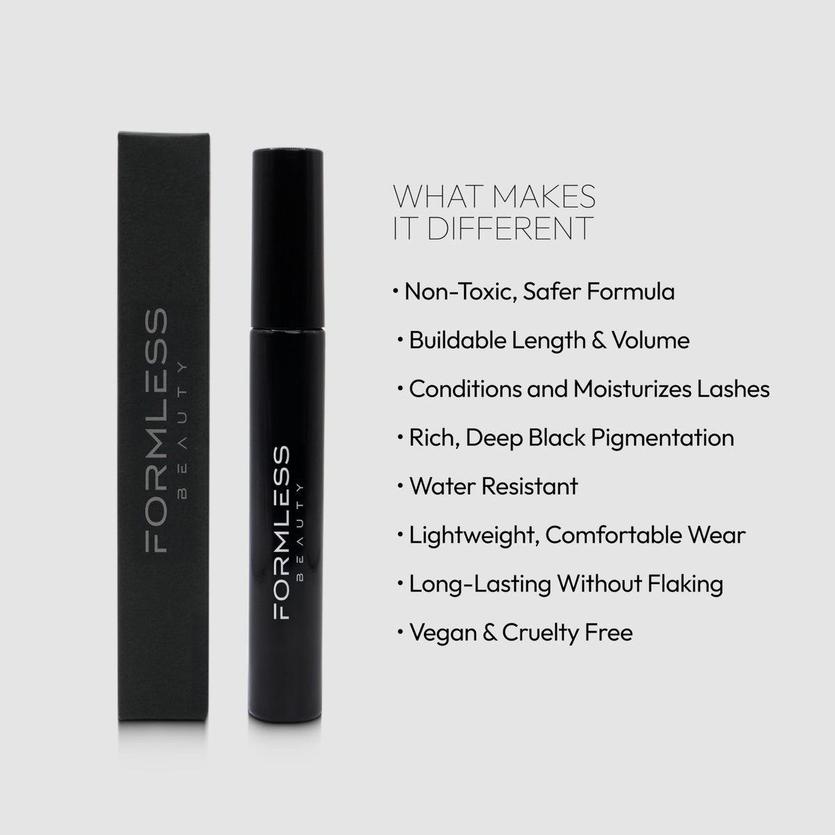 Formless Beauty black mascara swatch showing rich pigment and smooth texture