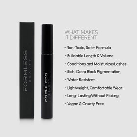 Formless Beauty black mascara swatch showing rich pigment and smooth texture