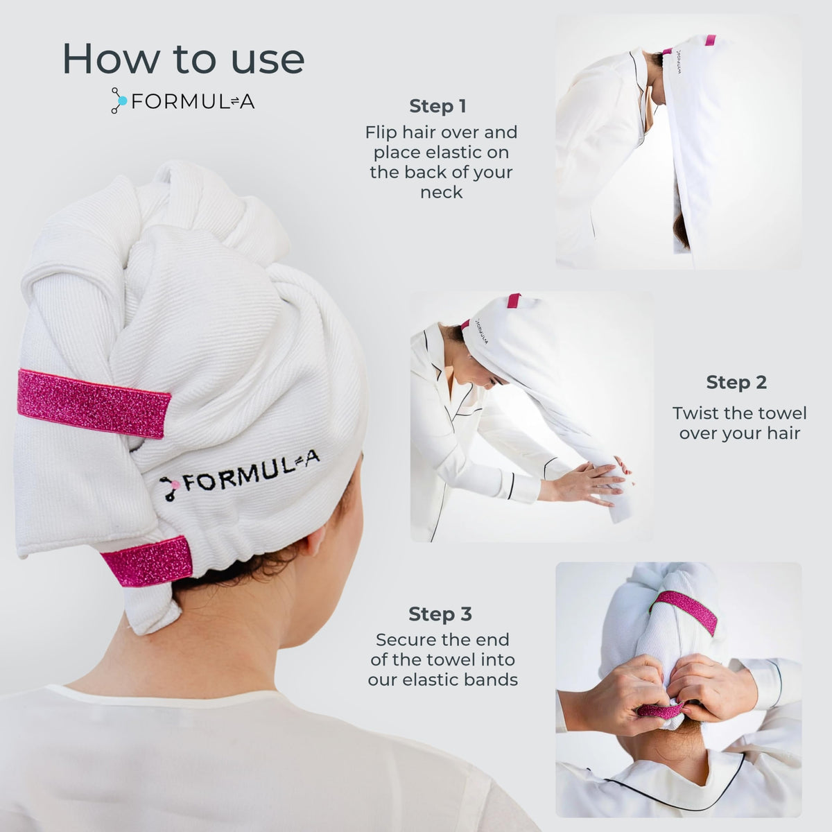 FORMUL-A turban worn by model with long hair showing secure comfortable fit
