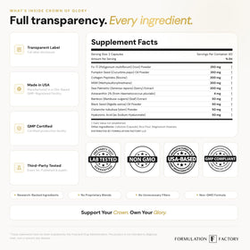 Formulation Factory supplement facts label highlighting transparent ingredient amounts