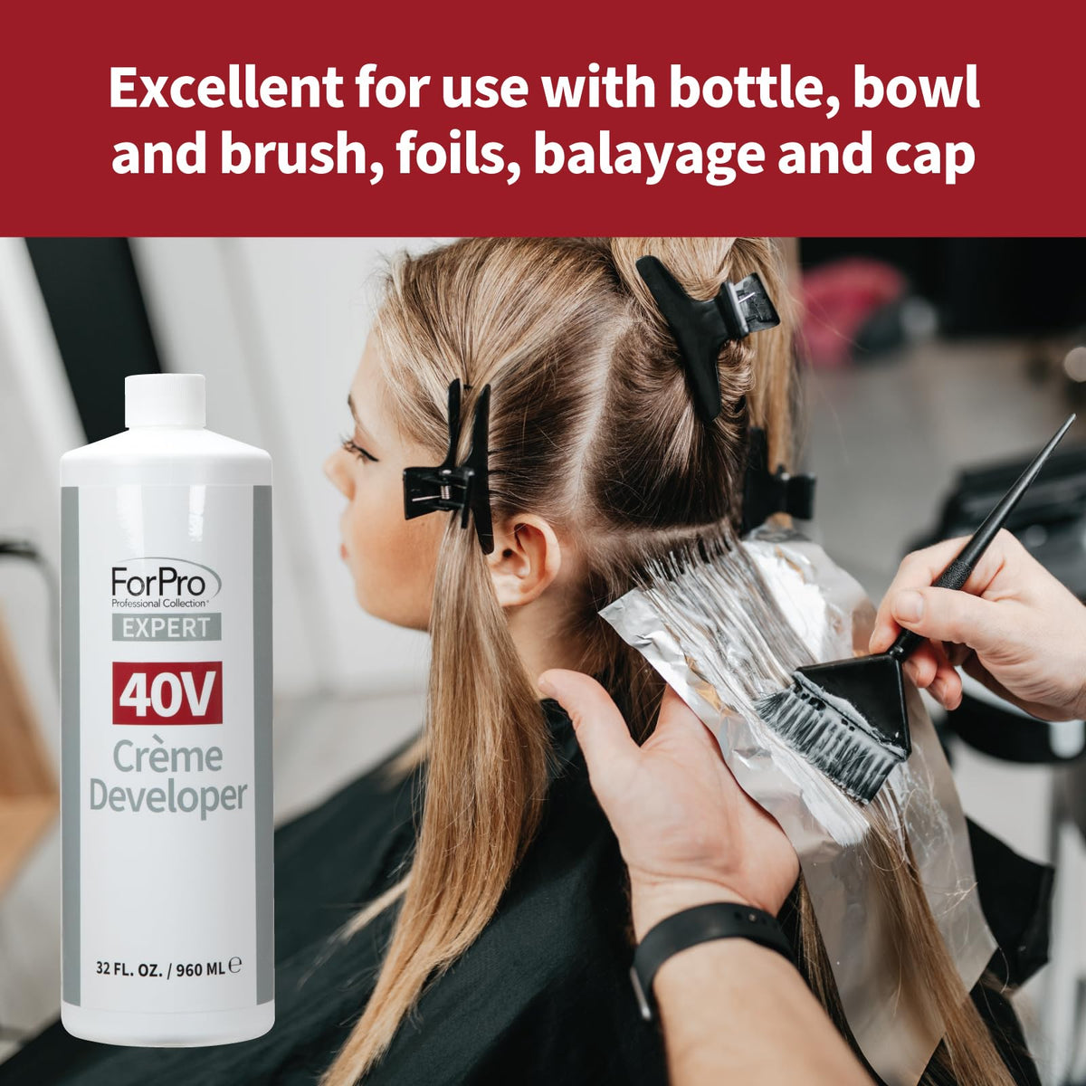 ForPro Expert 32 oz bottle beside a hand for scale, convenient salon supply size