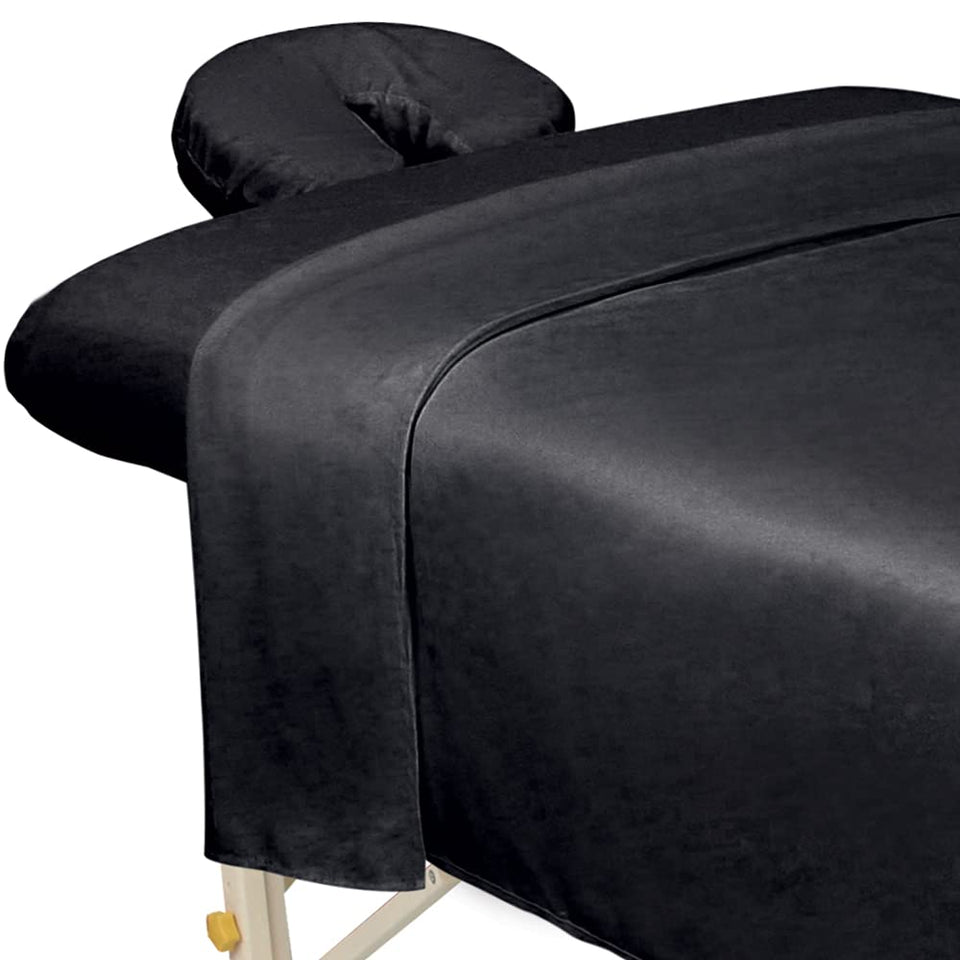 ForPro front view of black three-piece massage sheet set, professional presentation