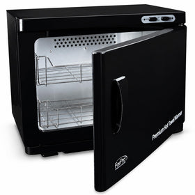 ForPro front view of black towel warmer showing sleek profile and professional finish