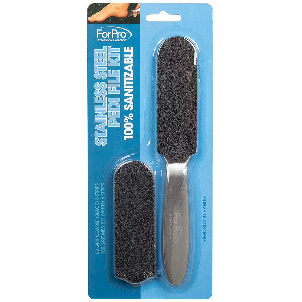 ForPro stainless-steel pedi file front view showing durable construction and sanitation benefit