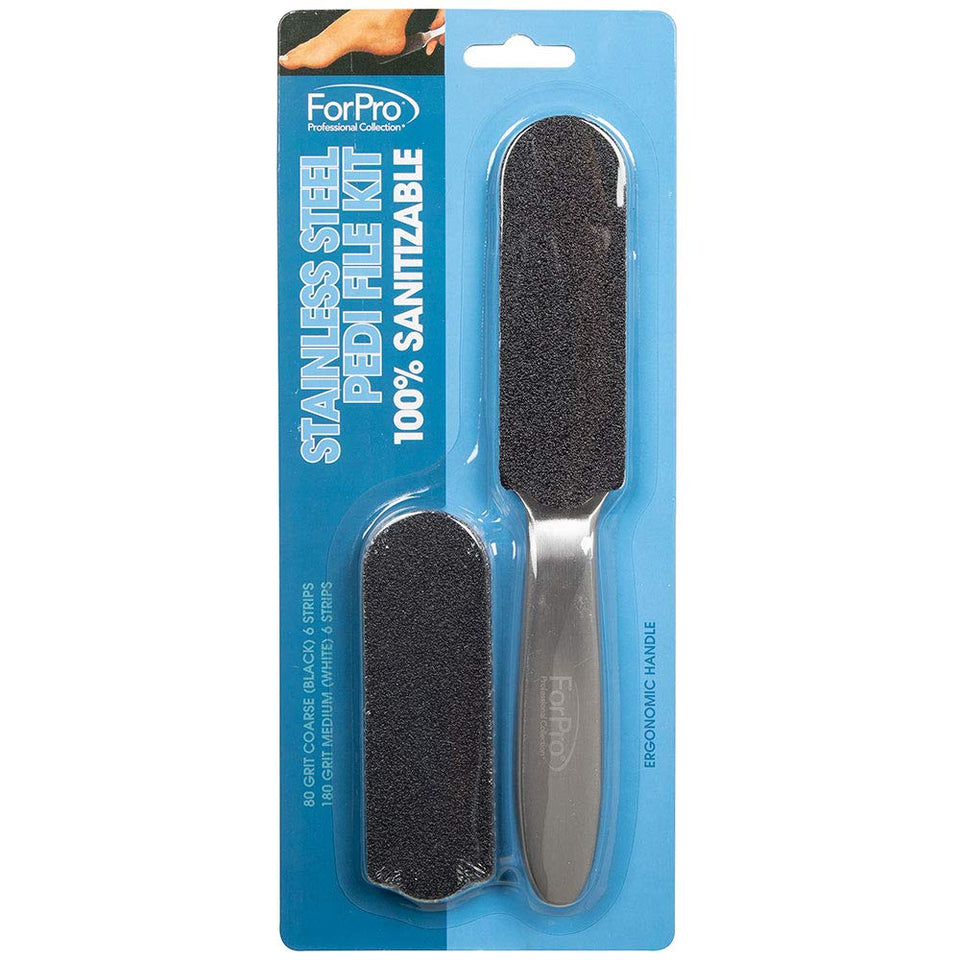 ForPro stainless-steel pedi file front view showing durable construction and sanitation benefit