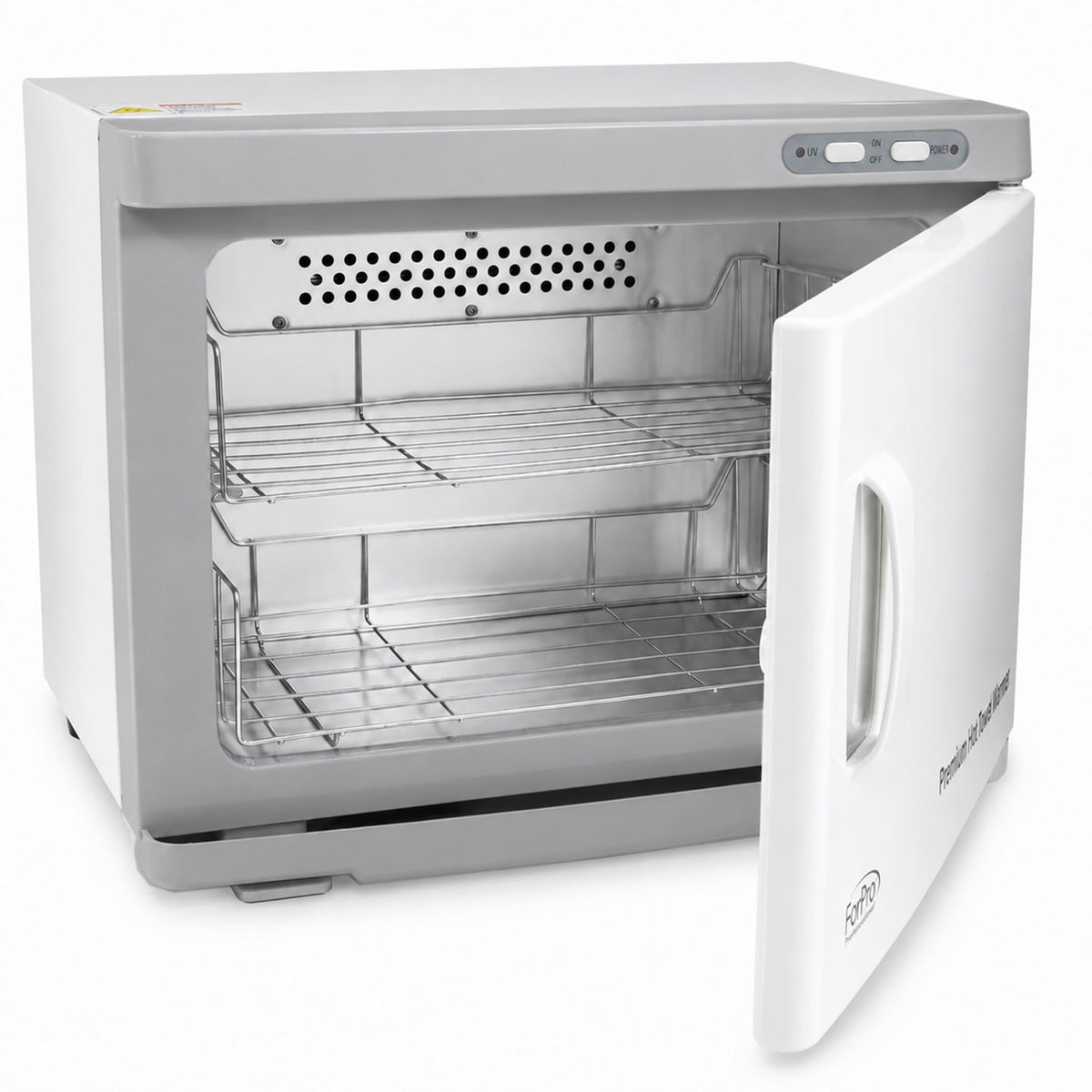 ForPro front view of white towel warmer showing compact professional design and reliability