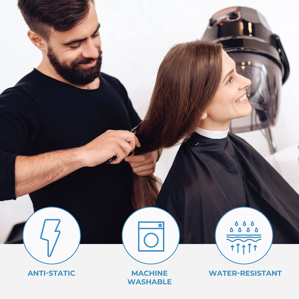 ForPro cape in use while stylist applies hair color for stain protection
