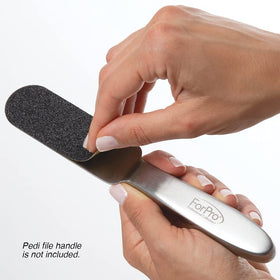 ForPro refill adhered to stainless steel file smoothing a heel