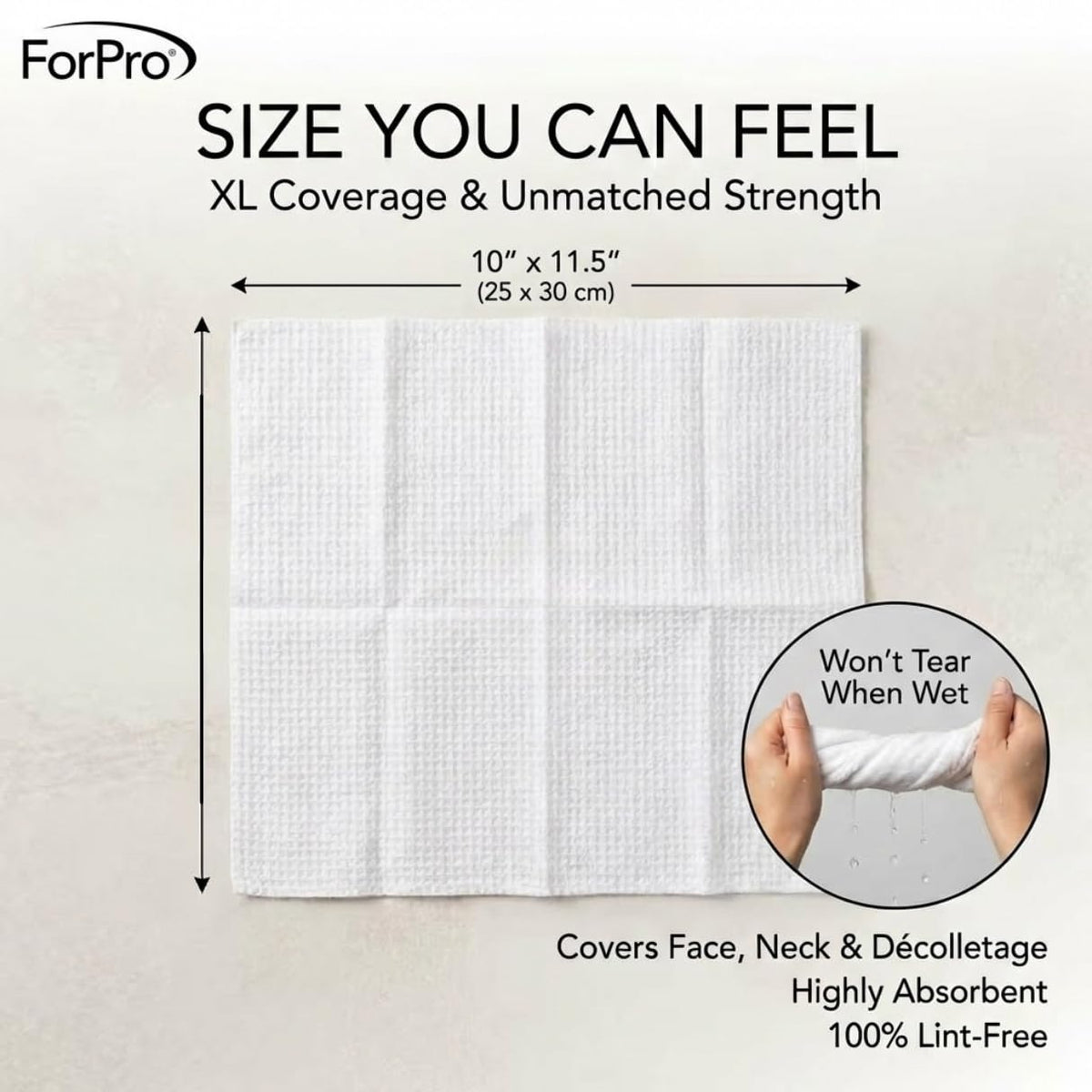 ForPro towel in hand demonstrating XL coverage for face, neck, and chest