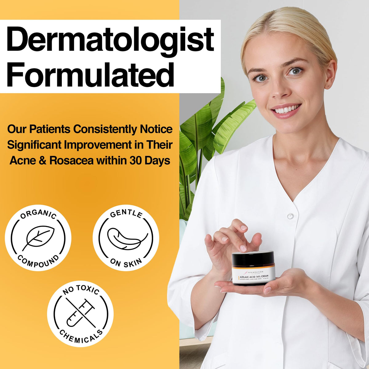 Foundation Skincare ingredient label closeup listing azelaic acid and clean formula benefits