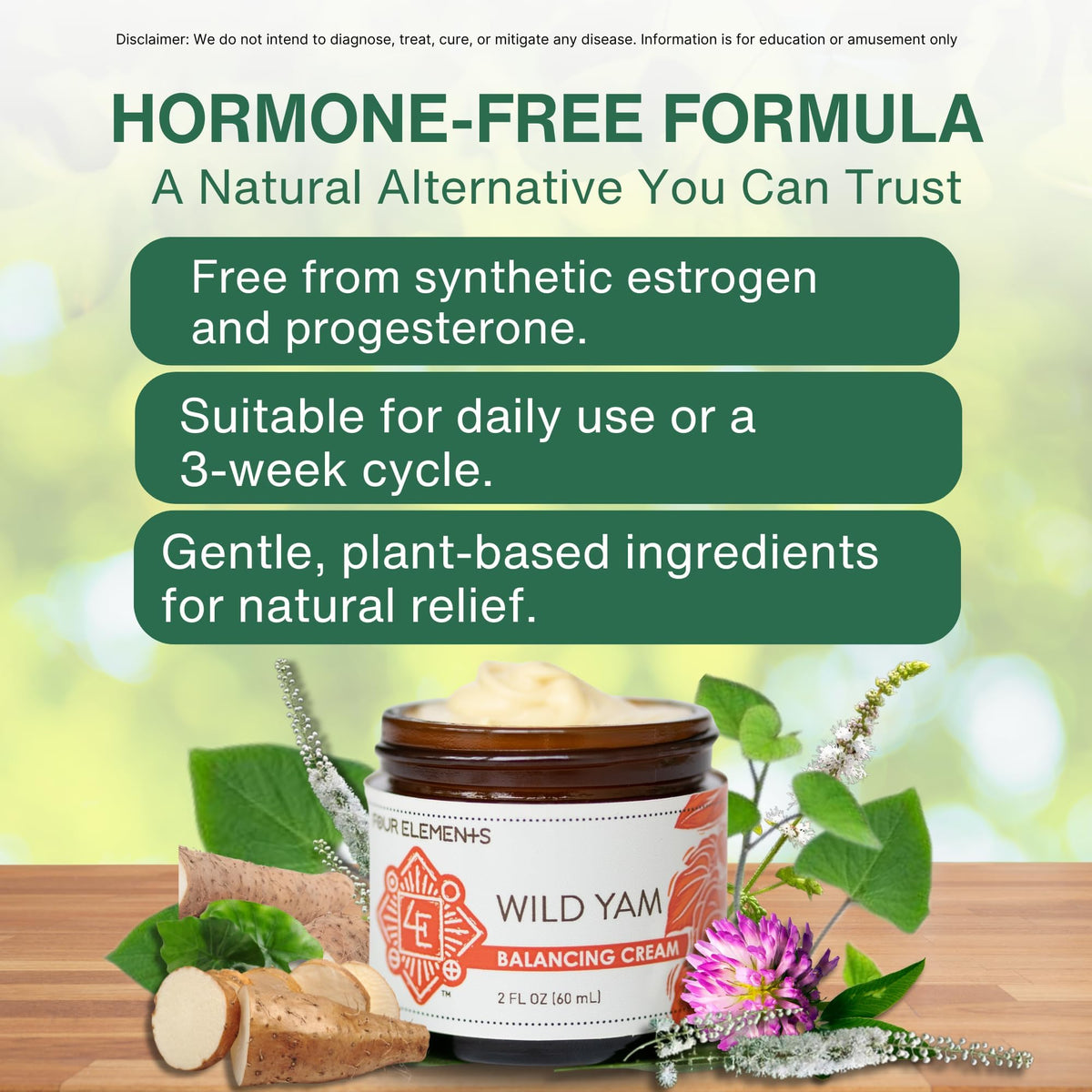 Four Elements 4E ingredient label close-up detailing botanicals and organic sourcing for transparency