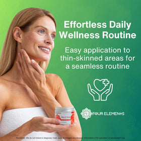 Four Elements 4E cream on shelf in bath setting showing lifestyle use and natural self-care benefit