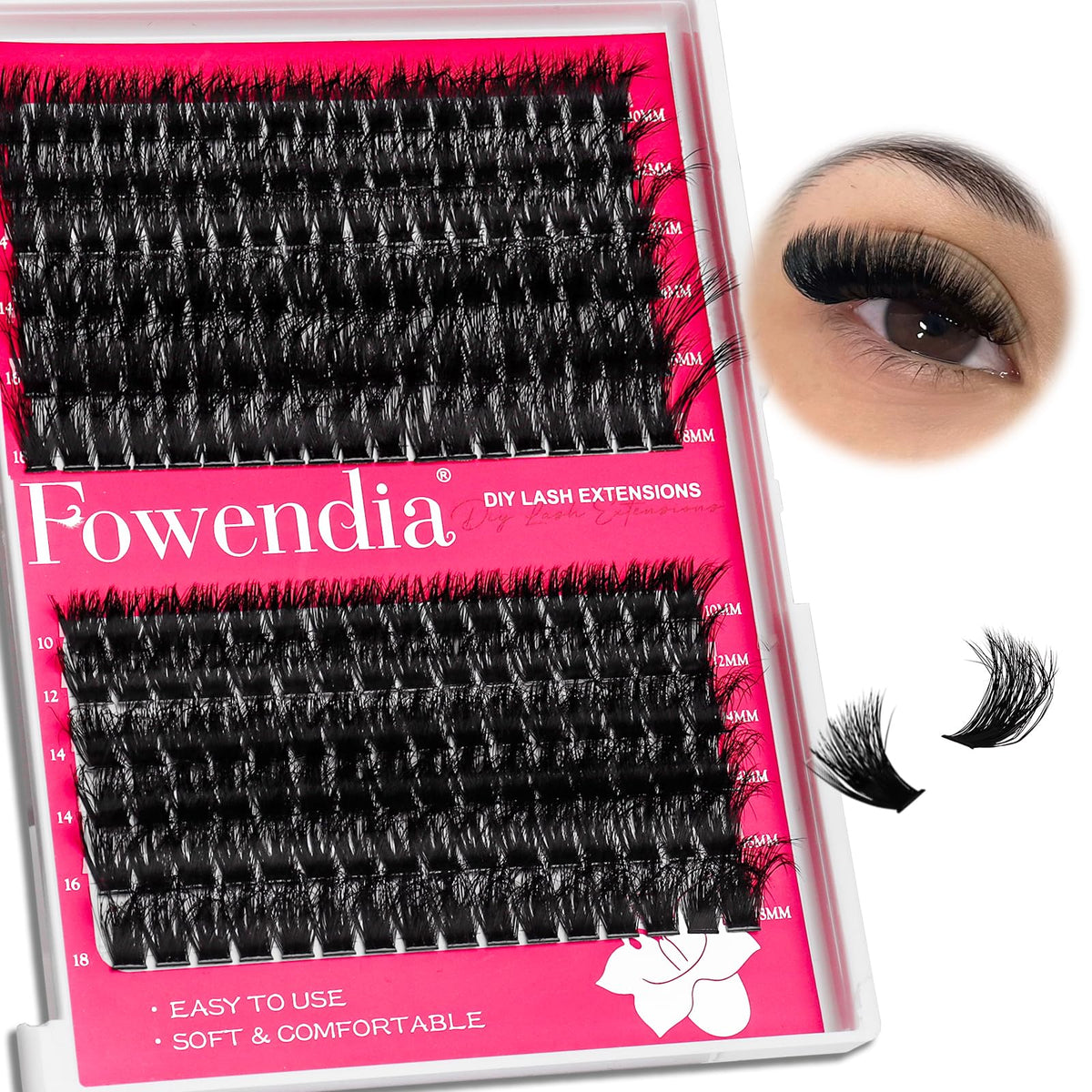 Fowendia front packaging showing cluster lash tray for easy selection and quick application
