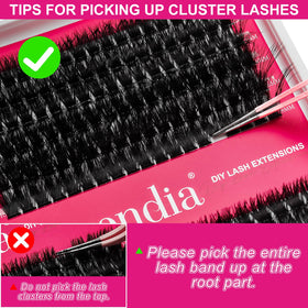 Fowendia cluster lash being applied with tweezers showing beginner-friendly placement benefit