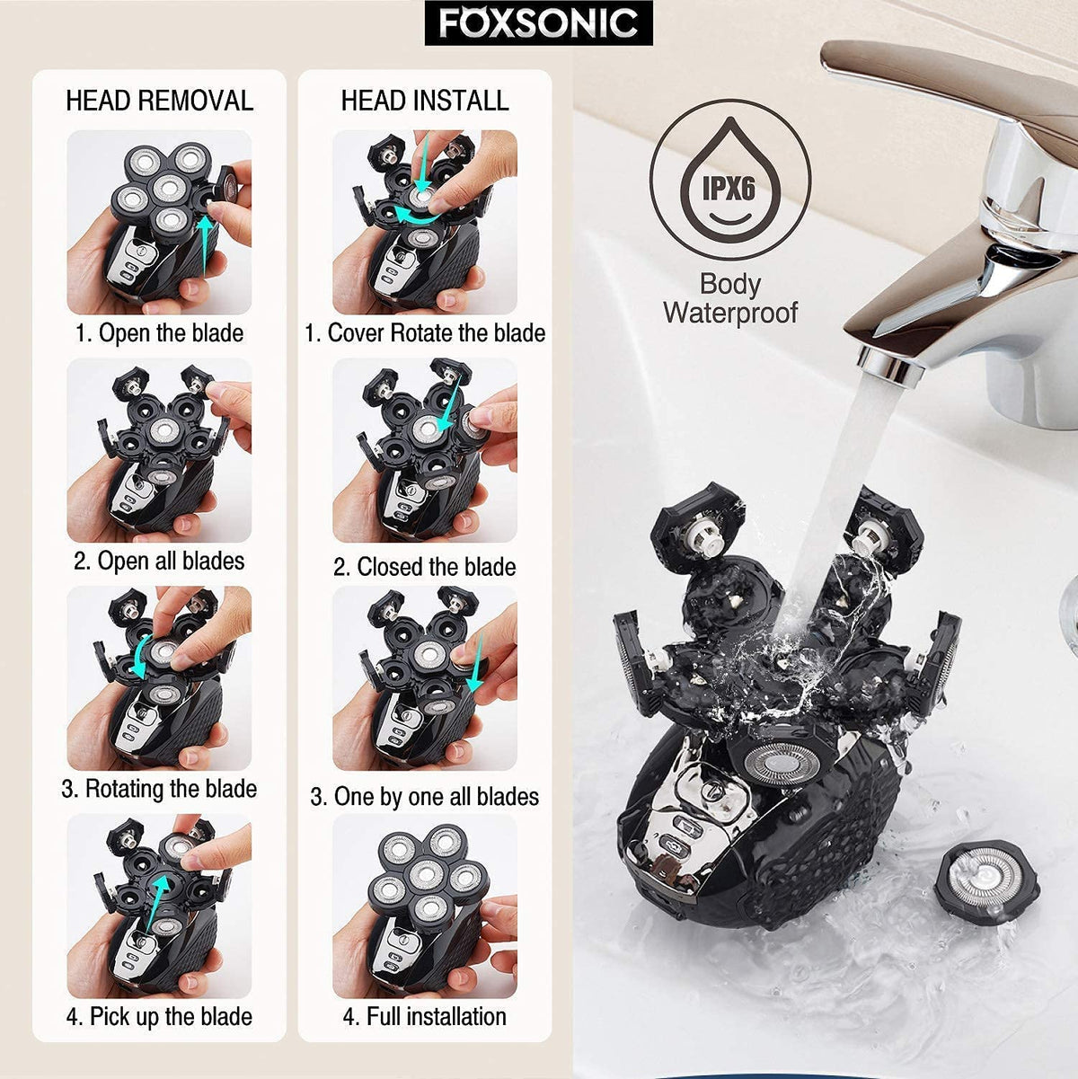 FOXSONIC heads being rinsed under water, washable design for quick cleaning
