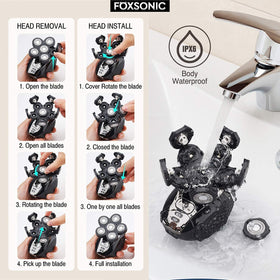 FOXSONIC heads being rinsed under water, washable design for quick cleaning