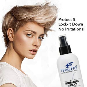 FRAGFRE spray mist on styled hair demonstrating firm hold and shine
