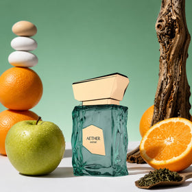 Fragrance World Aether in hand to show 3.4 fl oz scale and travel-friendly size