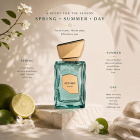 Fragrance World Aether ingredient flatlay with apple and citrus conveying fresh notes