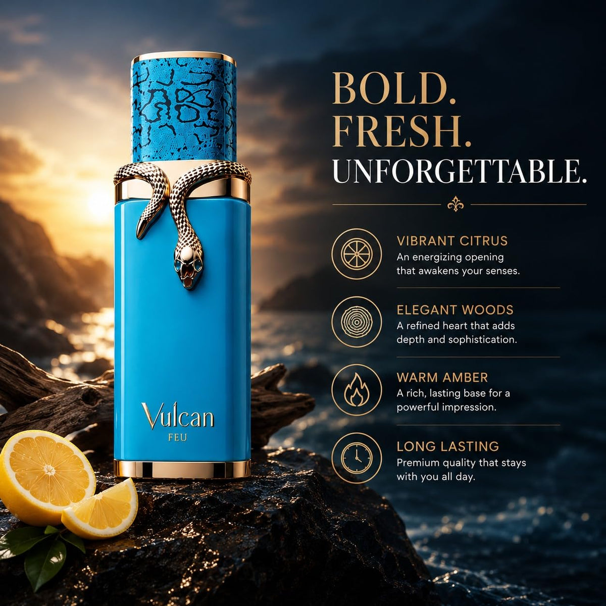 Fragrance World French Avenue Vulcan Feu lifestyle setting on vanity showing wearable, everyday luxury