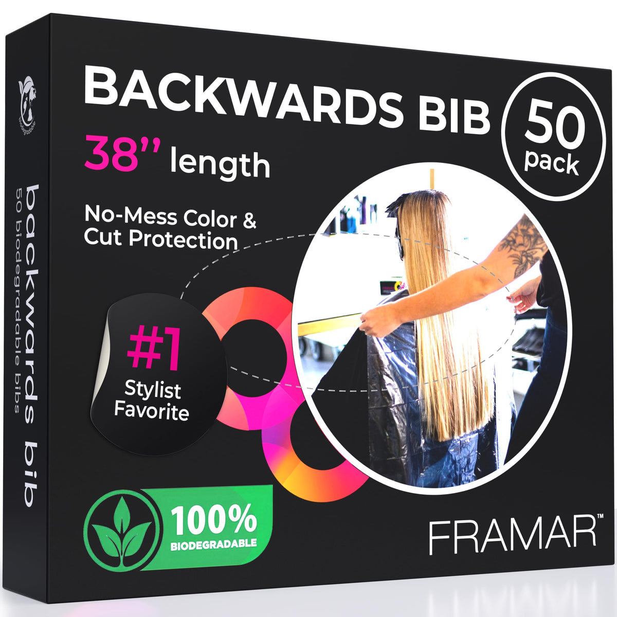 FRAMAR front packaging view showing 50 disposable bib sheets and value pack benefit