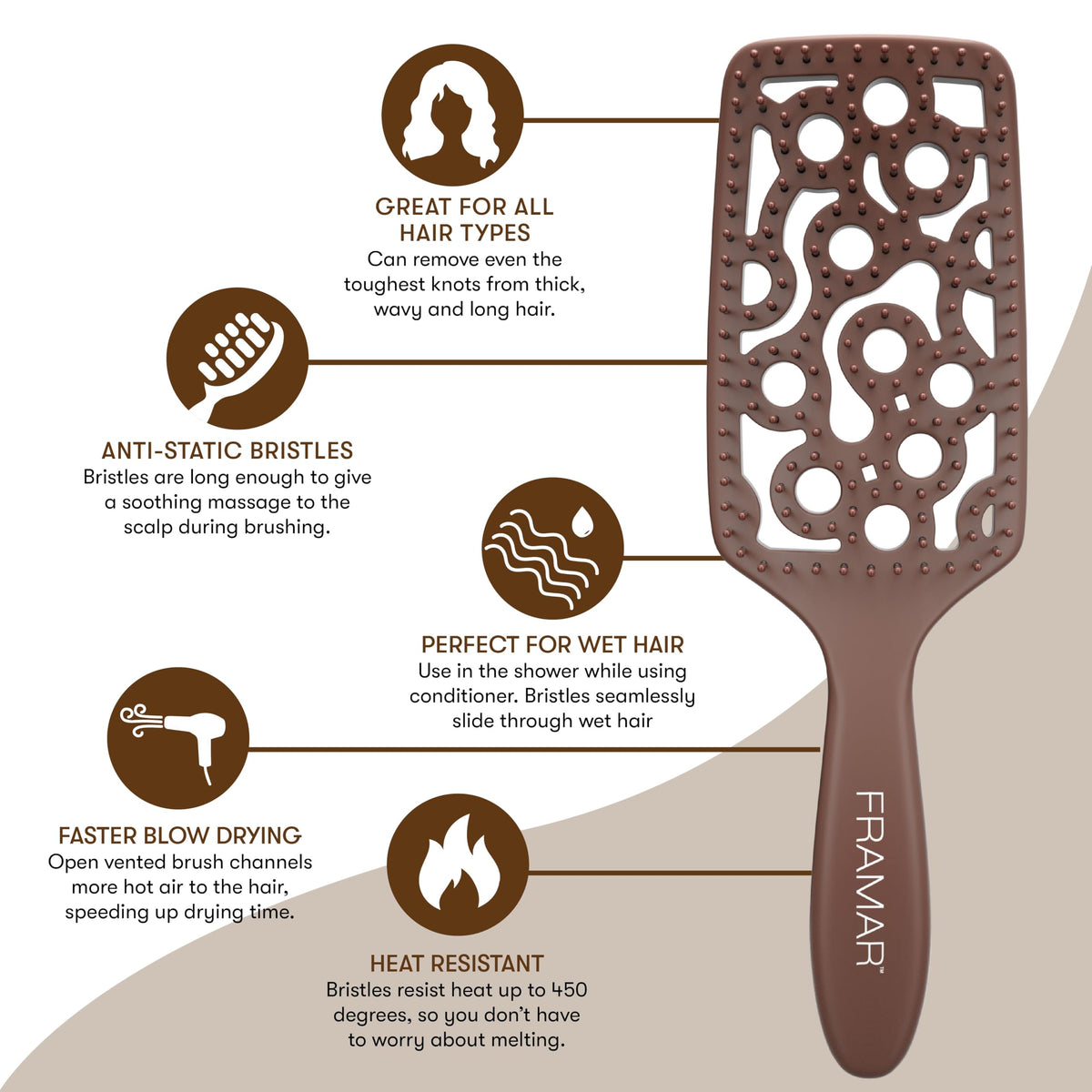 FRAMAR close-up of soft bristles highlighting gentle detangling benefit
