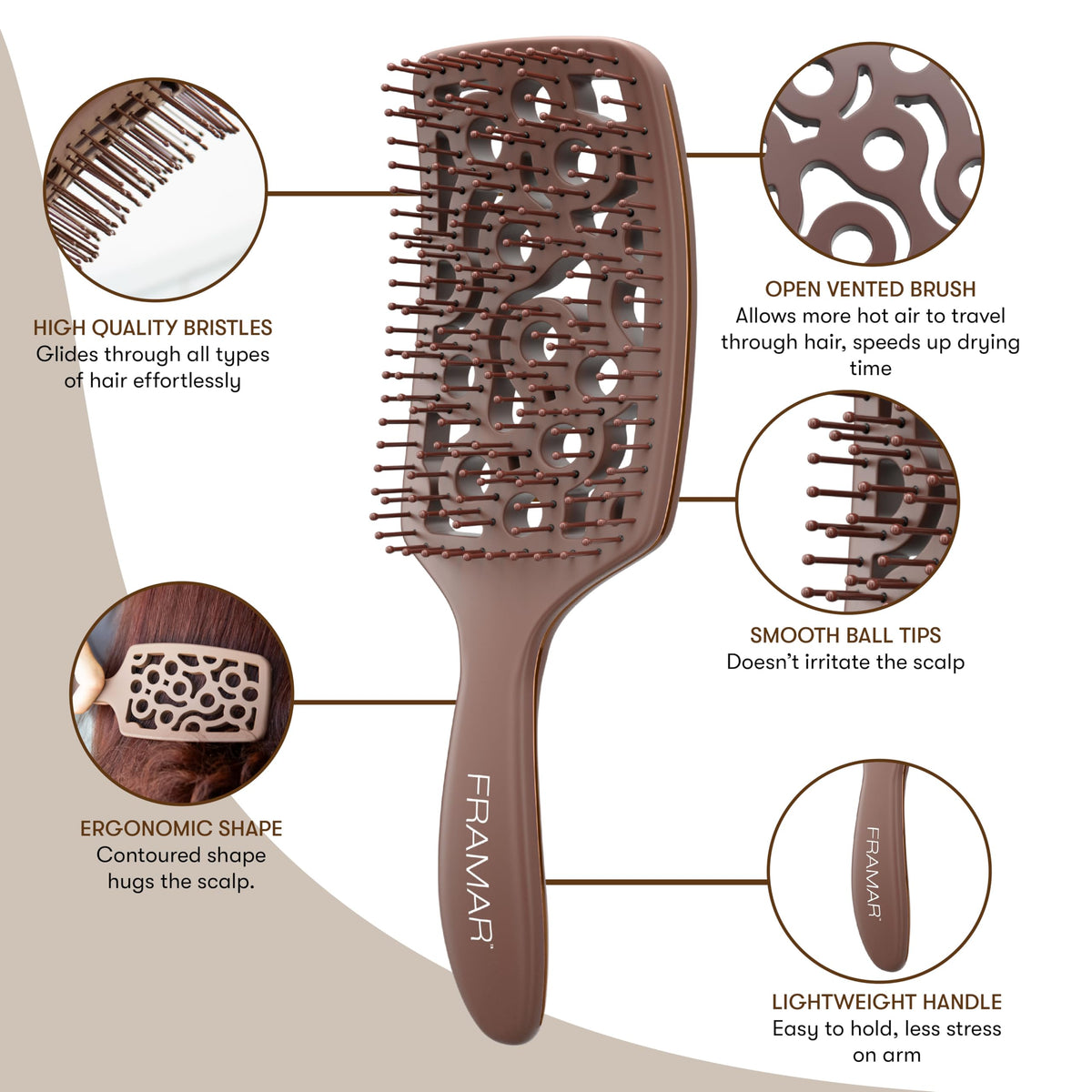 FRAMAR brush used with blow dryer illustrating reduced drying time
