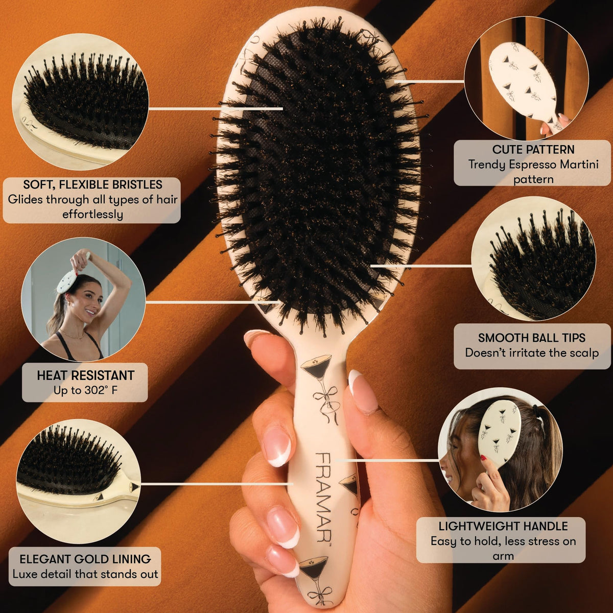 FRAMAR close-up of natural boar bristles, smooths hair cuticle