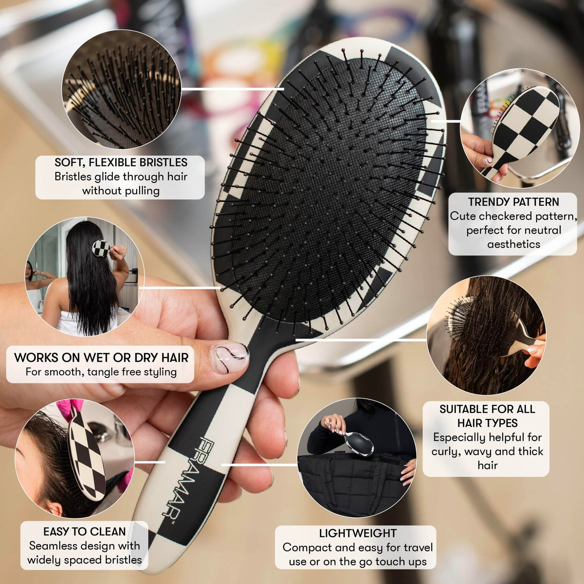 FRAMAR close-up of flexible bristles demonstrating gentle detangling action