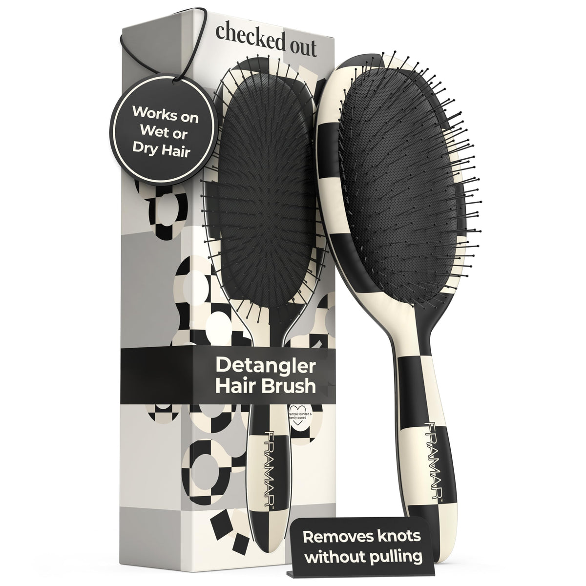 FRAMAR front view of checkered detangler showing stylish pattern and compact shape