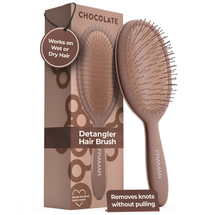 FRAMAR front view of chocolate detangler brush showing shape and finish, adds style