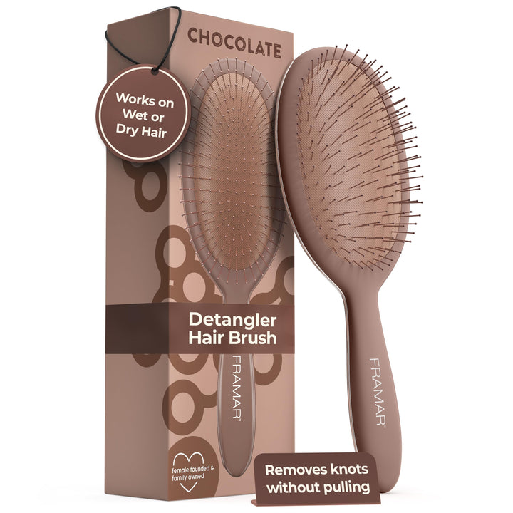 FRAMAR front view of chocolate detangler brush showing shape and finish, adds style